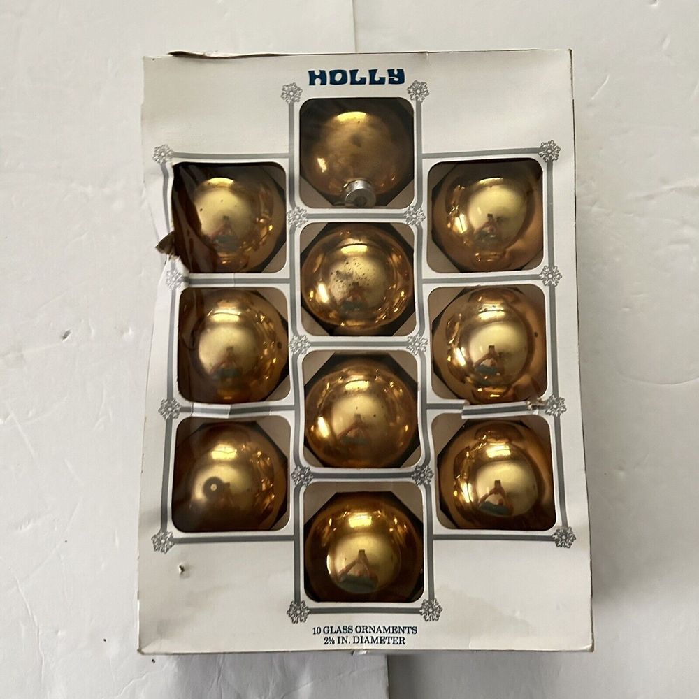 Vintage Holly Gold Glass Christmas Tree Ball Ornaments 2 5/8" 10 Ornaments Balls
